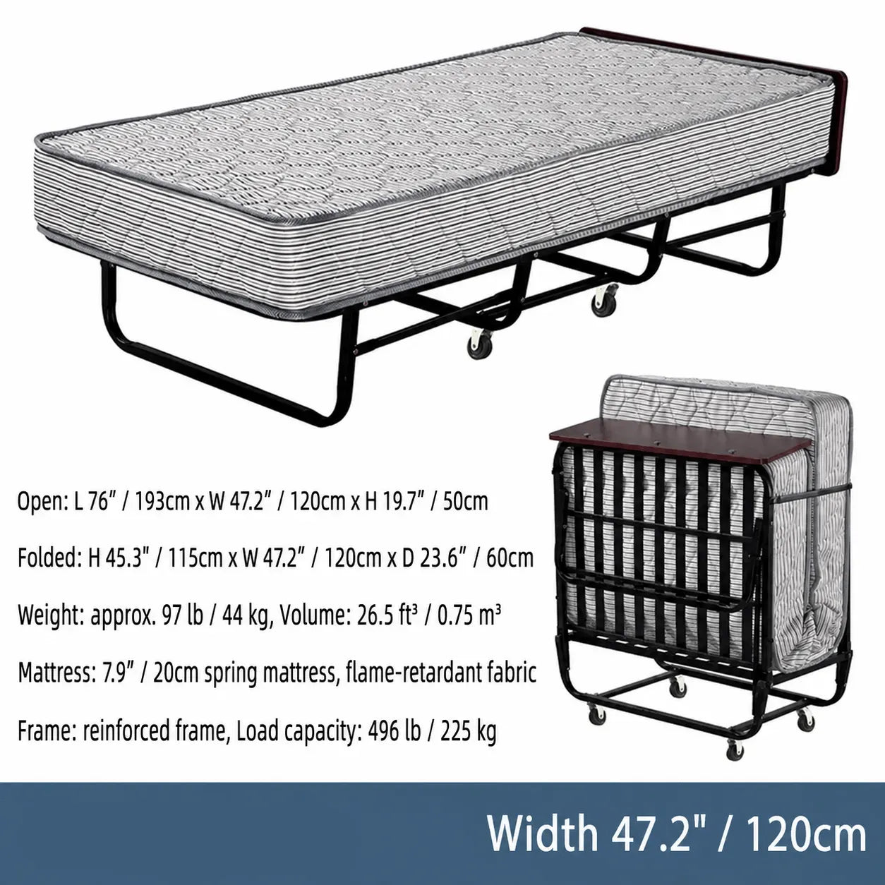 Reinforced Metal Rollaway Bed With Walnut-Top Foldaway Guestroom Cart