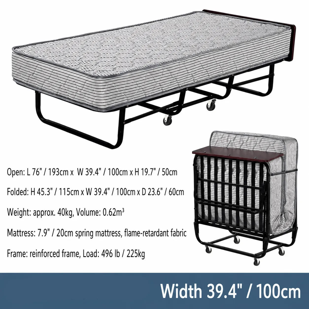 Reinforced Metal Rollaway Bed With Walnut-Top Foldaway Guestroom Cart