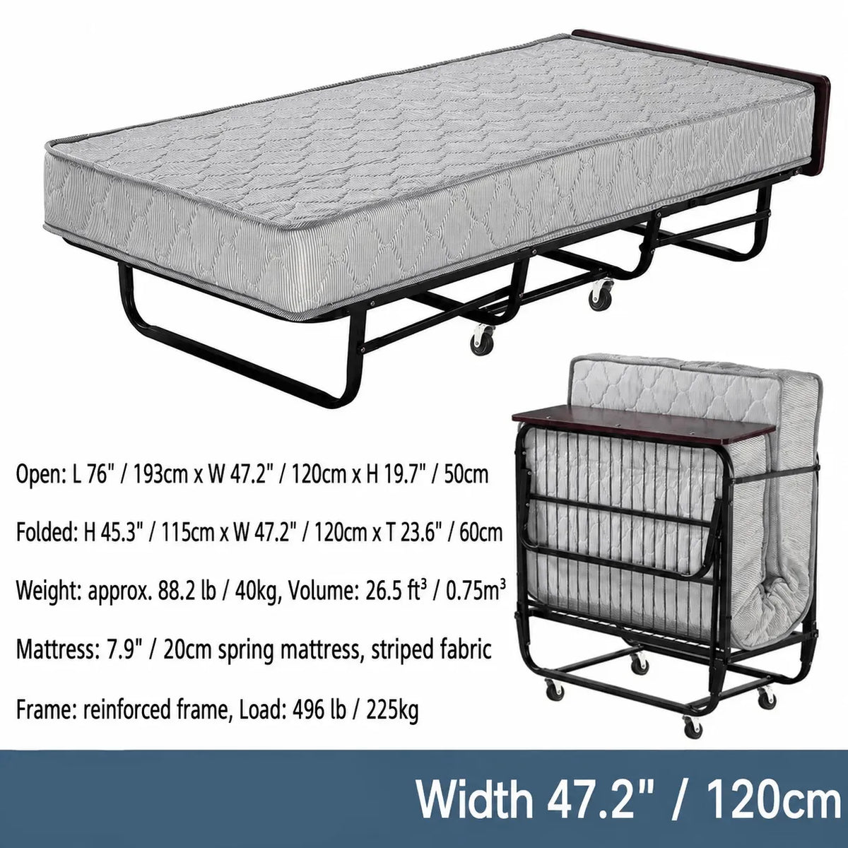 Reinforced Metal Rollaway Bed With Walnut-Top Foldaway Guestroom Cart