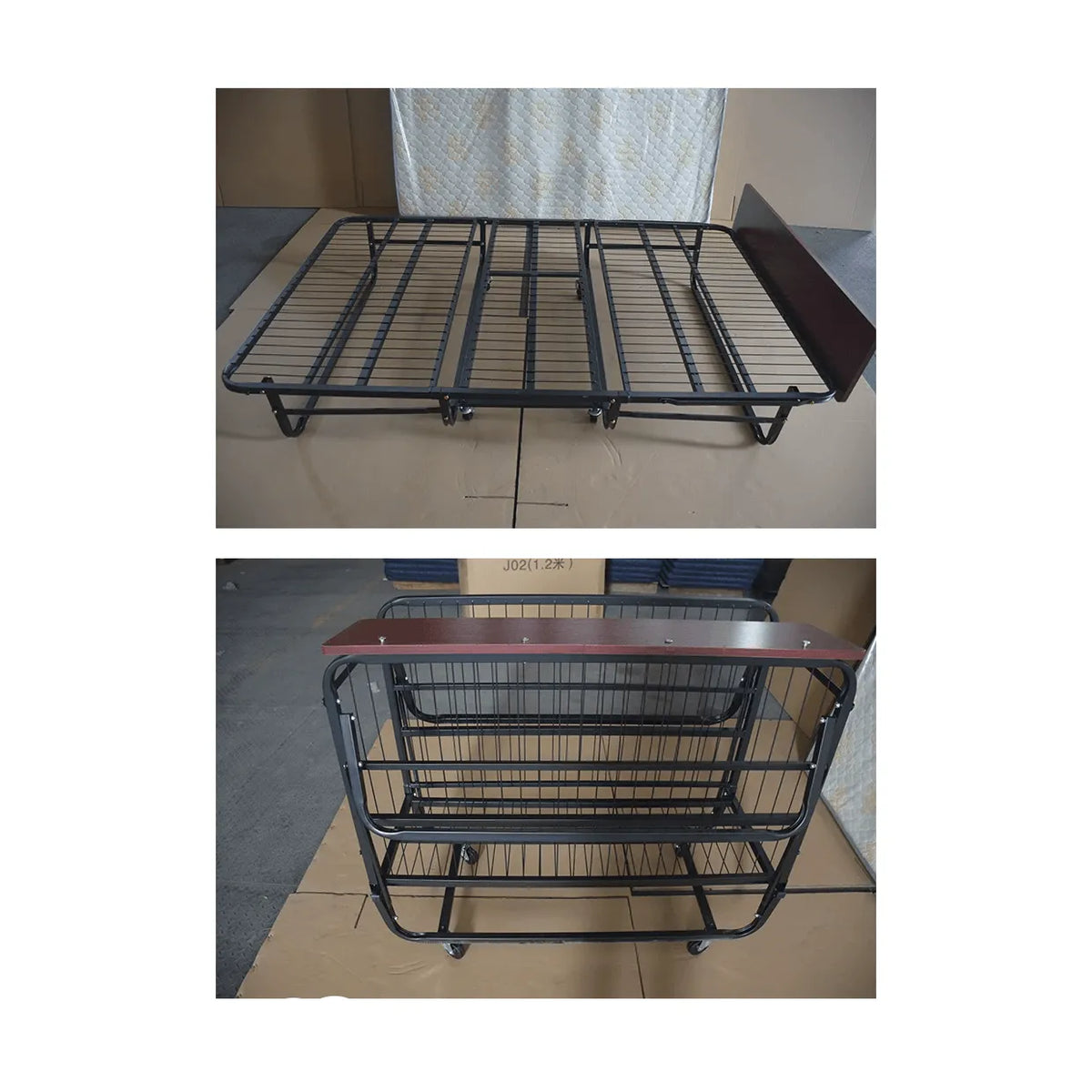 Reinforced Metal Rollaway Bed With Walnut-Top Foldaway Guestroom Cart