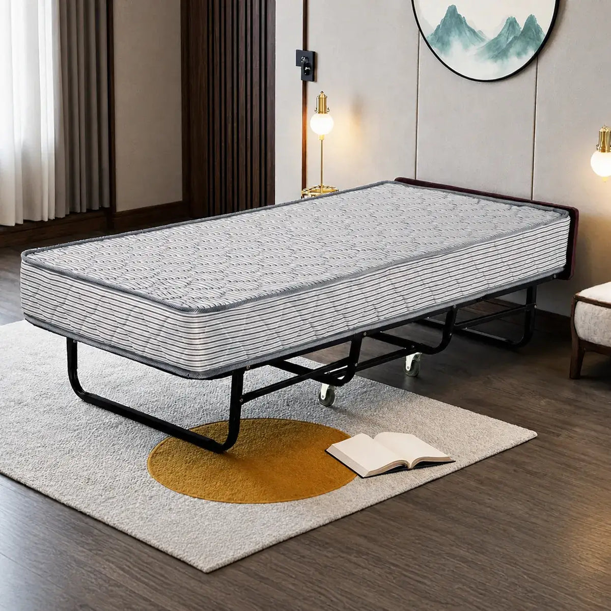 Reinforced Metal Rollaway Bed With Walnut-Top Foldaway Guestroom Cart