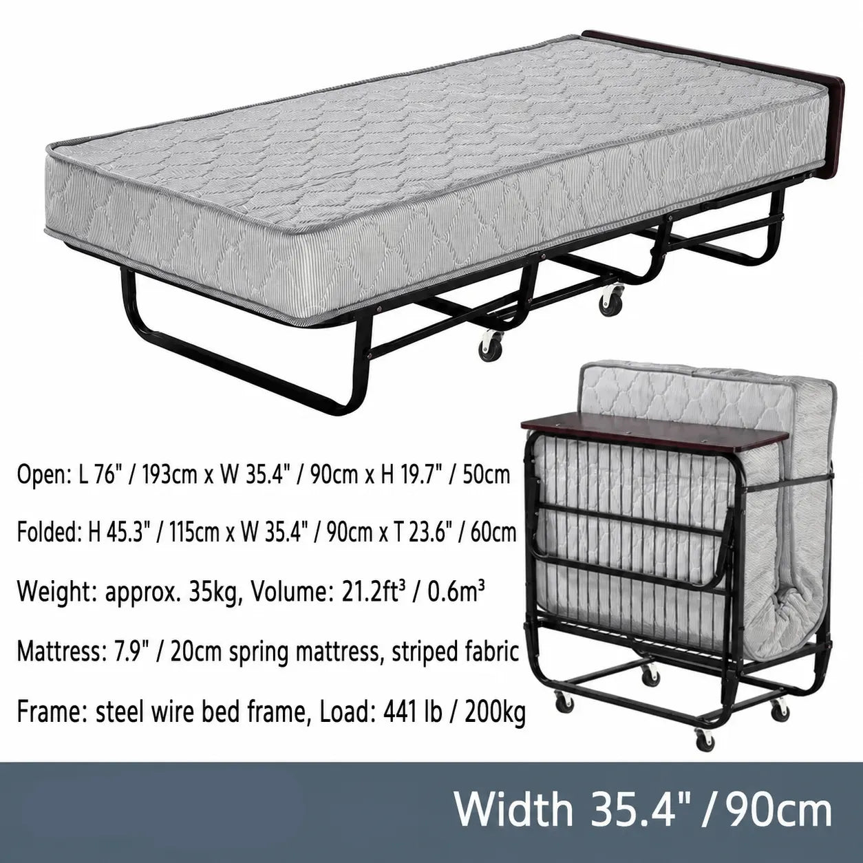 Reinforced Metal Rollaway Bed With Walnut-Top Foldaway Guestroom Cart
