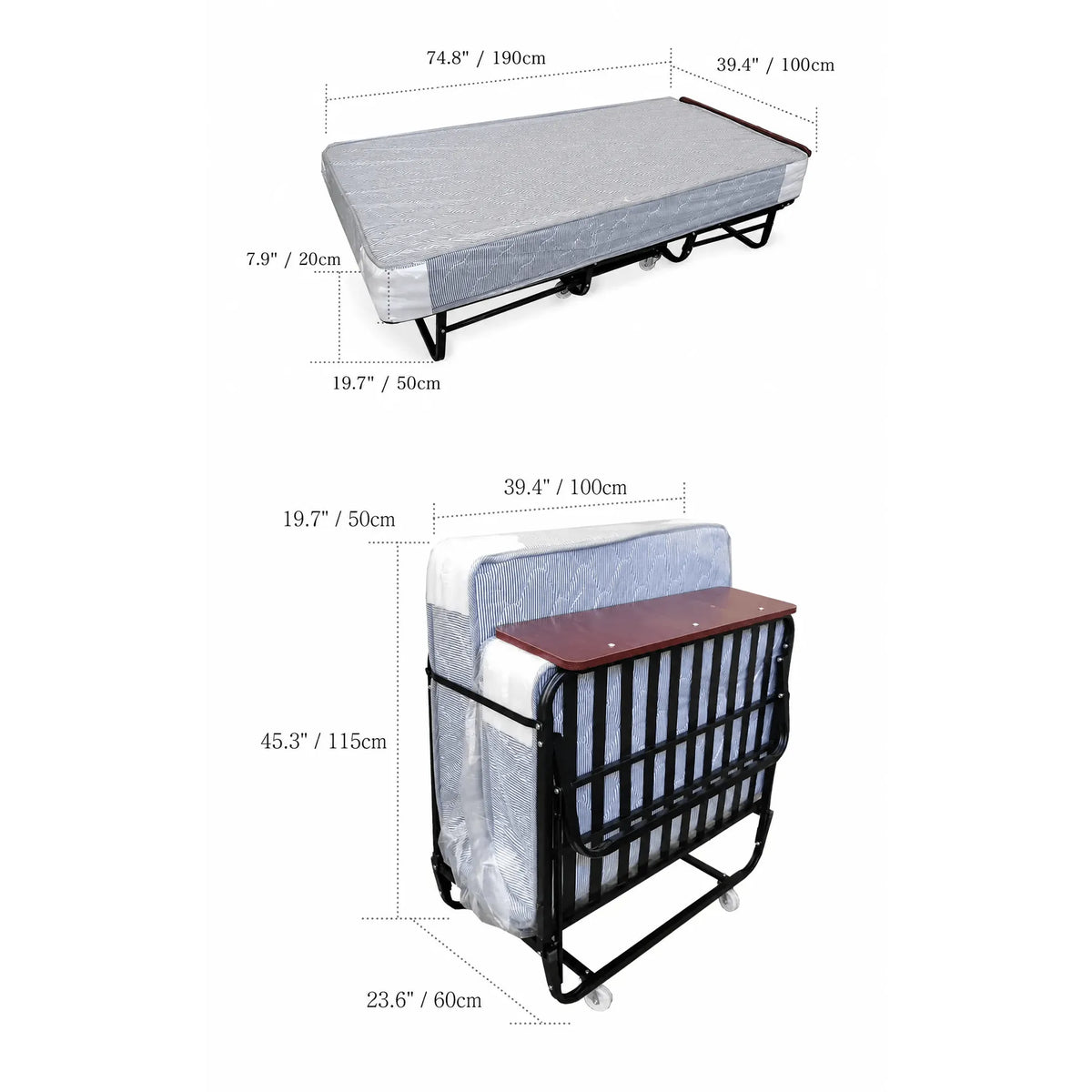 Reinforced Metal Rollaway Bed With Walnut-Top Foldaway Guestroom Cart Dimensions