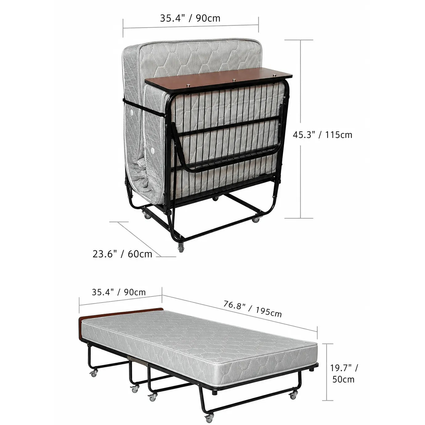Reinforced Metal Rollaway Bed With Walnut-Top Foldaway Guestroom Cart Dimensions