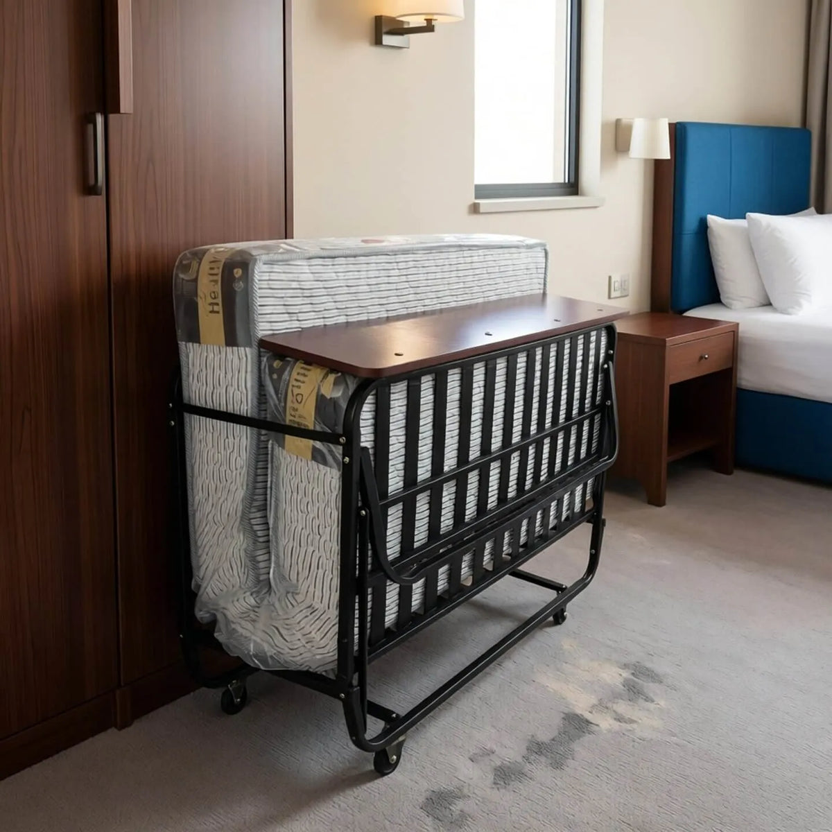 Reinforced Metal Rollaway Bed With Walnut-Top Foldaway Guestroom Cart Main Product Image Image principale du produit