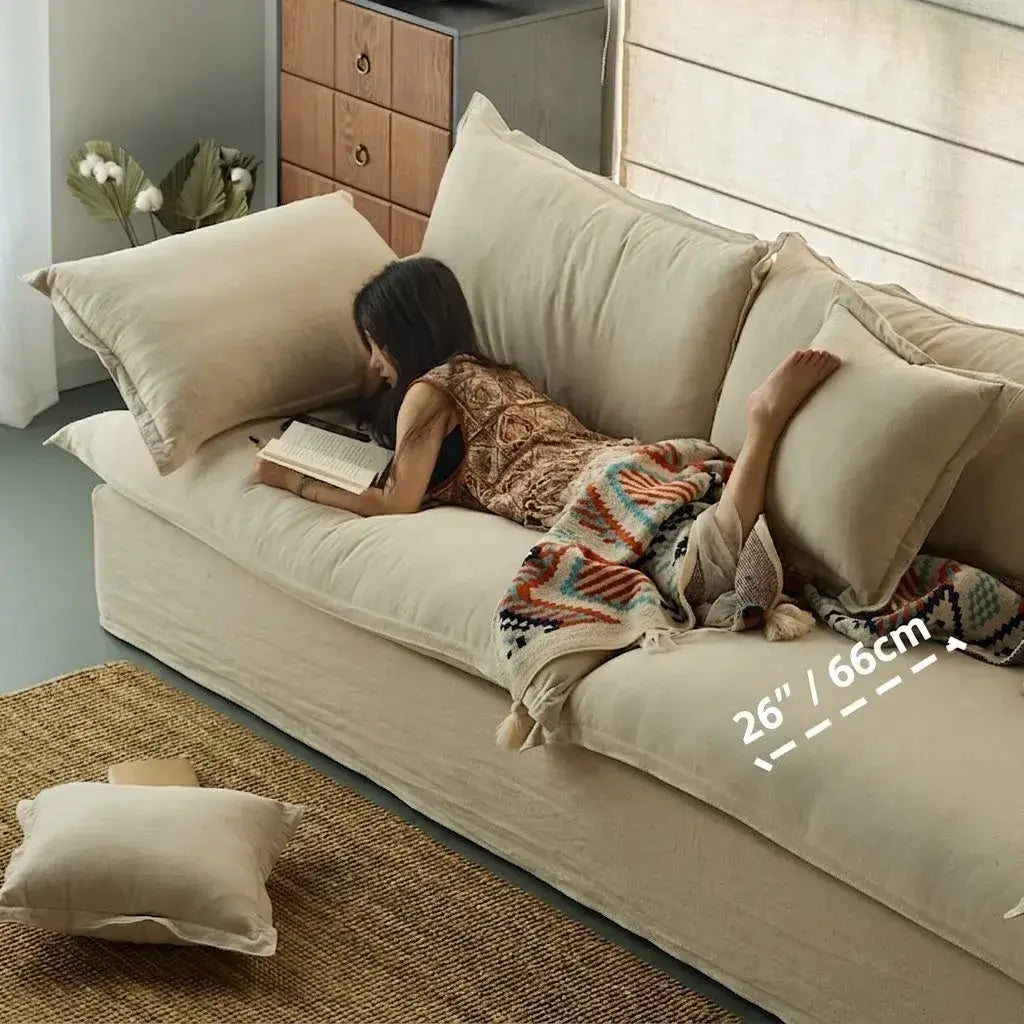 Relaxed Linen Slipcover Sofa With Deep Seat and French Wabi-Sabi Silhouette