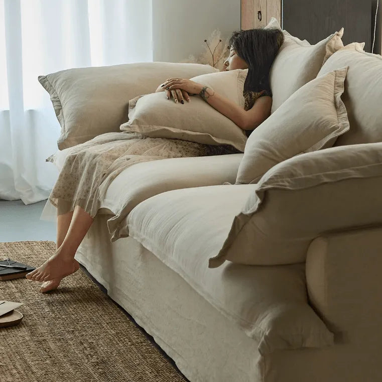 Relaxed Linen Slipcover Sofa With Deep Seat and French Wabi-Sabi Silhouette