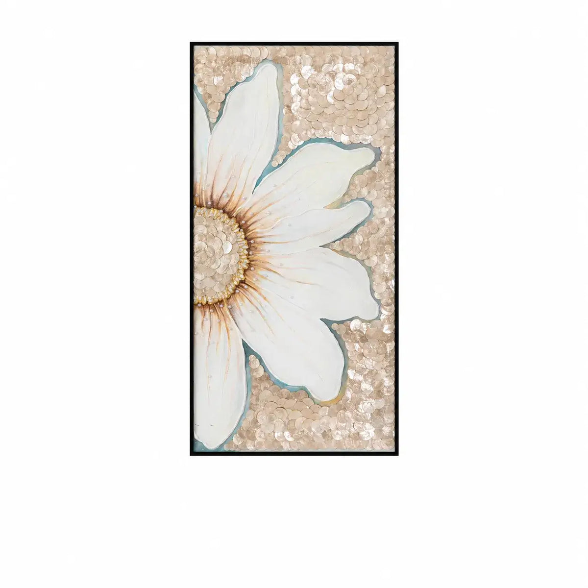 Relief Floral Mother of Pearl Wall Art with Pearled Texture and Black Frame