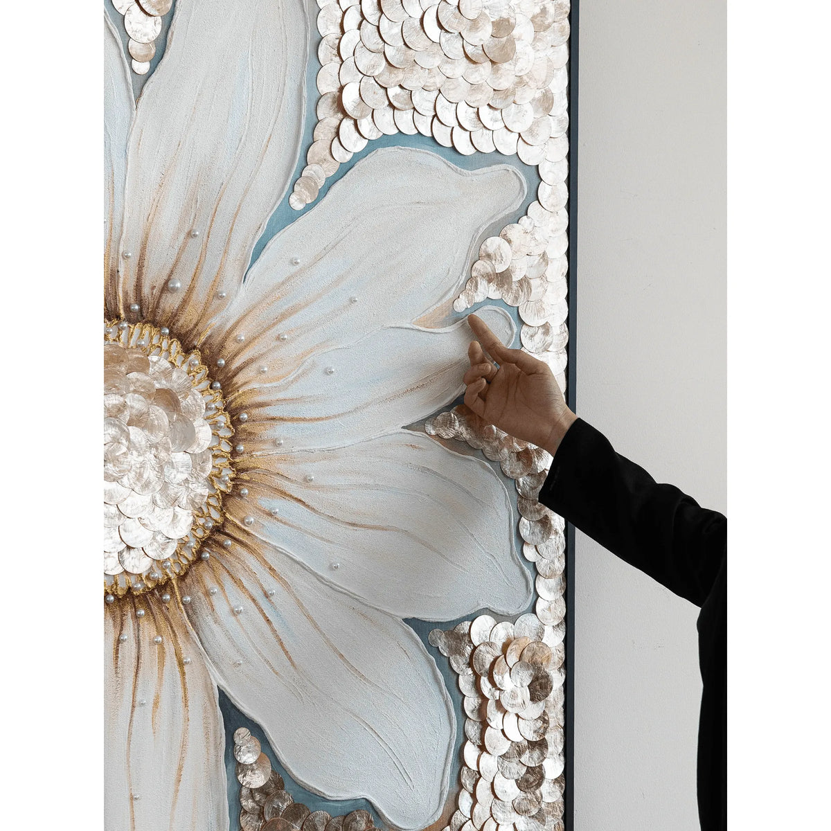 Relief Floral Mother of Pearl Wall Art with Pearled Texture and Black Frame