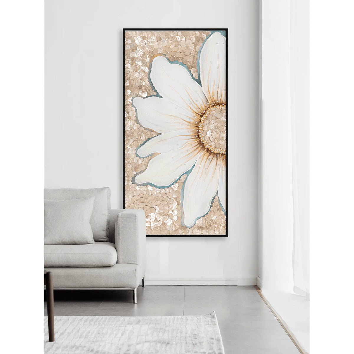 Relief Floral Mother of Pearl Wall Art with Pearled Texture and Black Frame