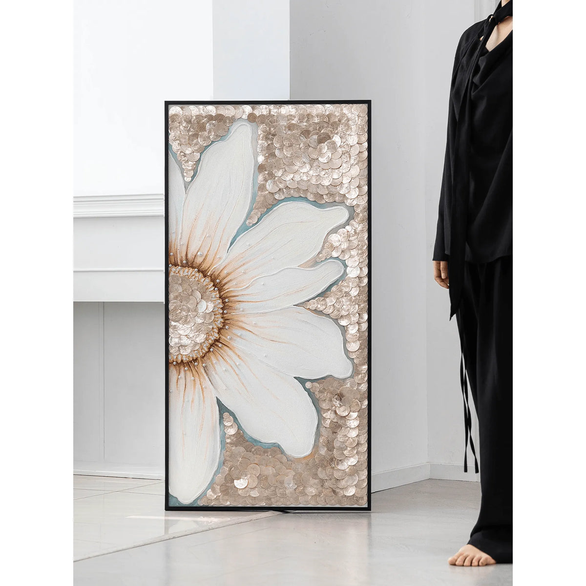 Relief Floral Mother of Pearl Wall Art with Pearled Texture and Black Frame Main Product Image