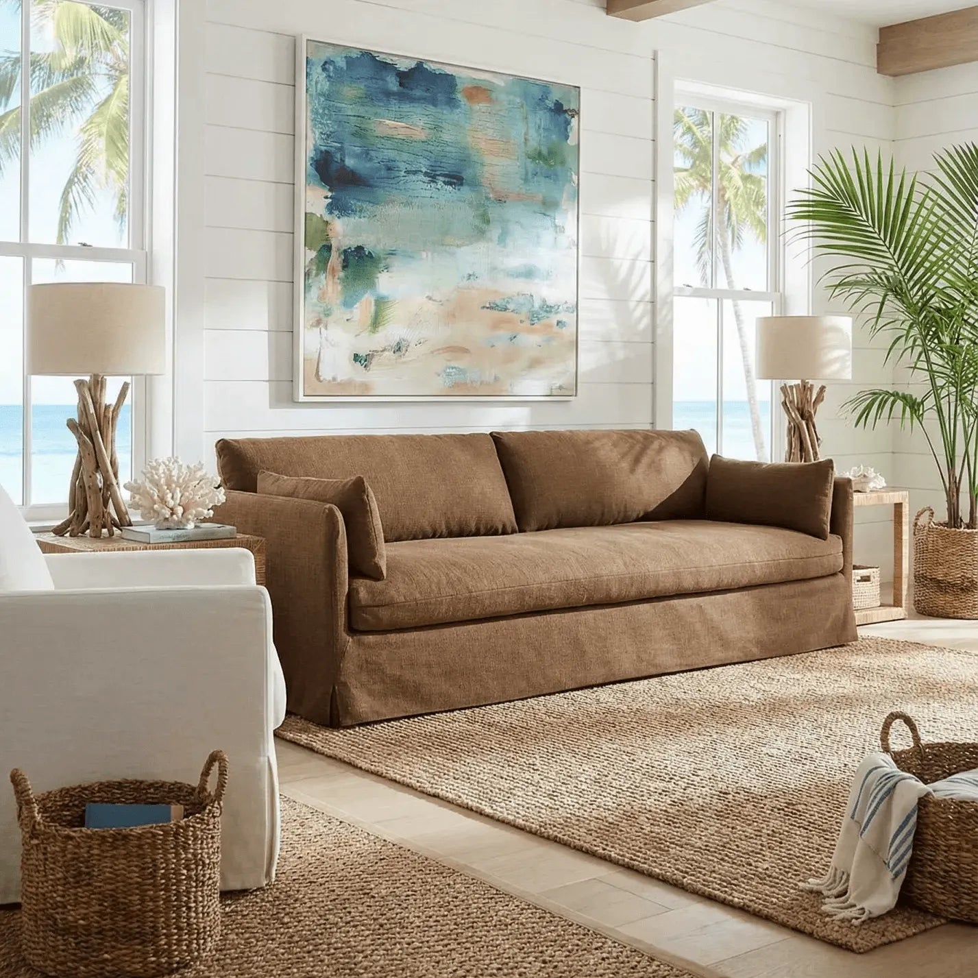 Resort-Inspired Slipcover Sofa with Tailored Skirt and Textured Linen Look Main Product Image