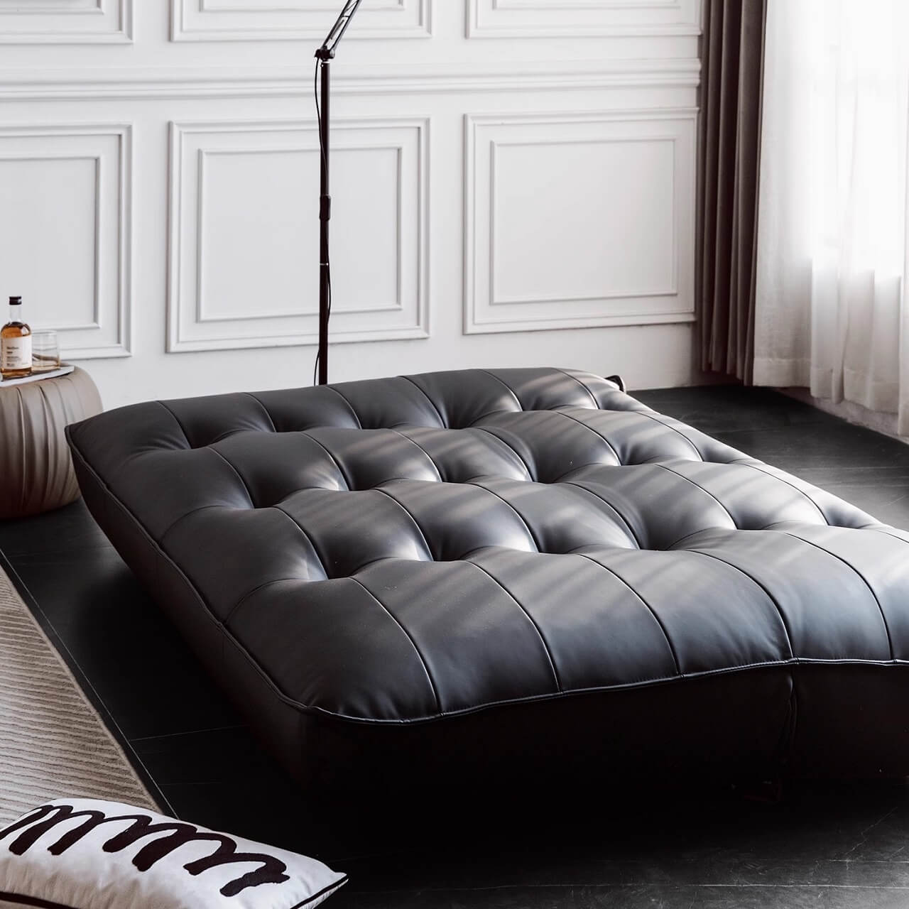 Retro Black Microfiber Leather Sofa Bed: Versatile, Reclining, Armless Design Secondary image