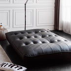 Black retro microfiber leather sofa bed with reclining and armless design for versatile comfort