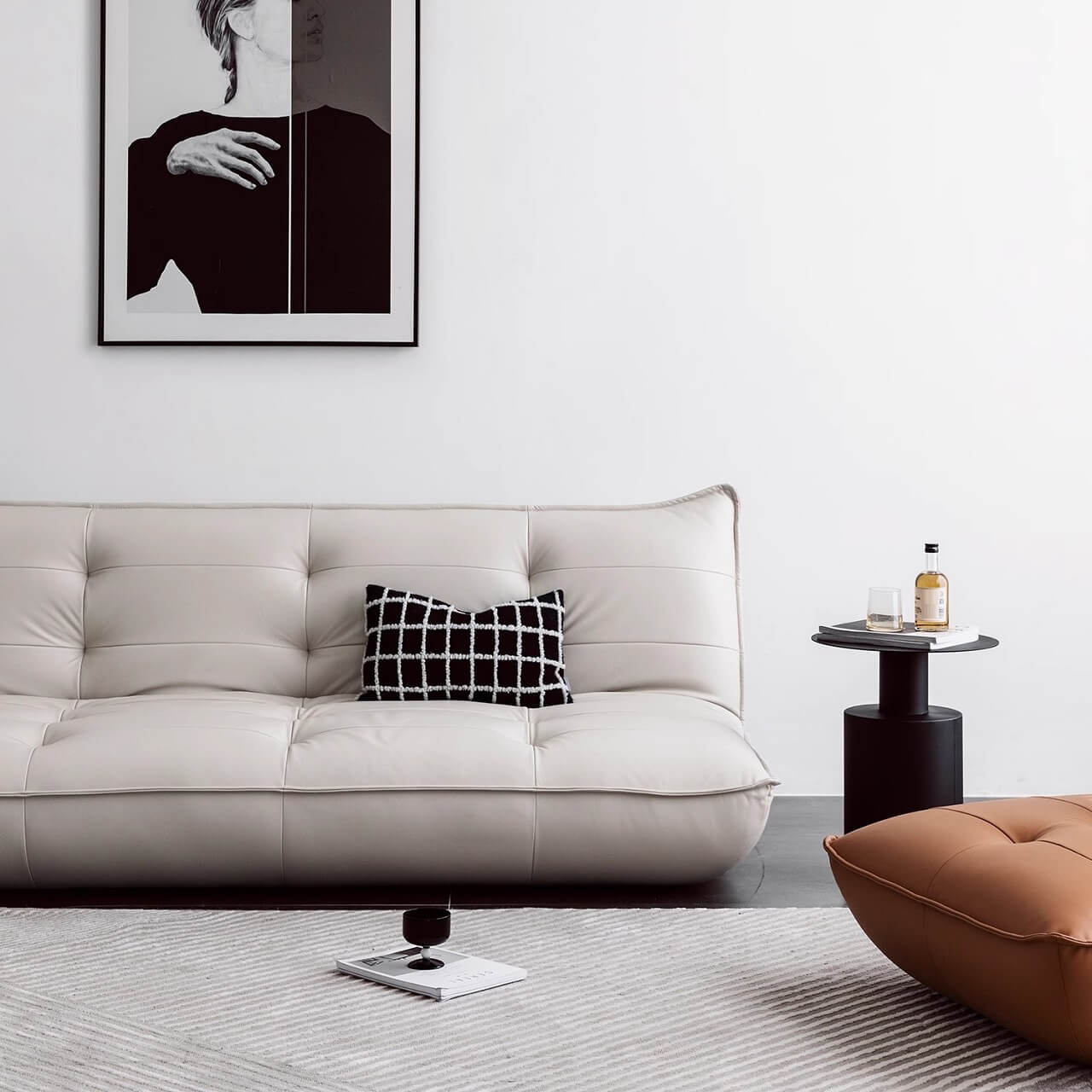 Black retro microfiber leather sofa bed with reclining and armless design for versatile comfort