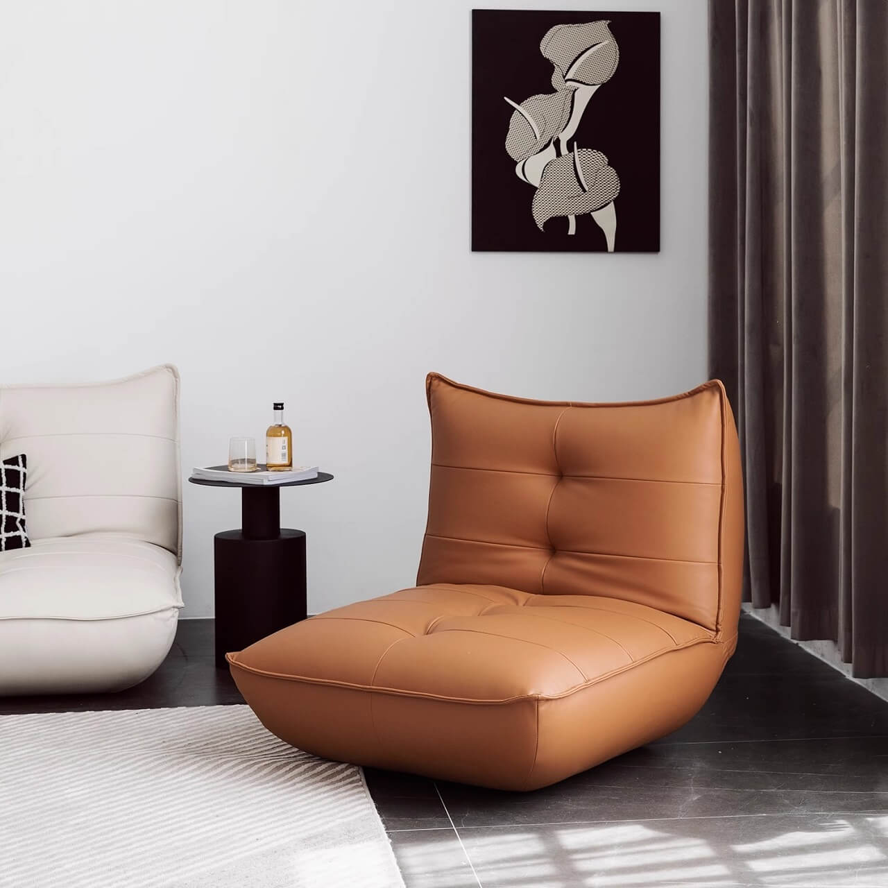 Black retro microfiber leather sofa bed with reclining and armless design for versatile comfort