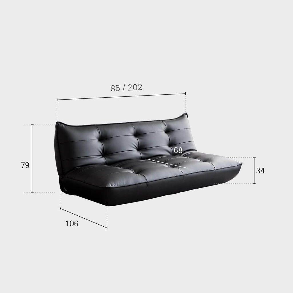 Black retro microfiber leather sofa bed with reclining and armless design for versatile comfort dimensions