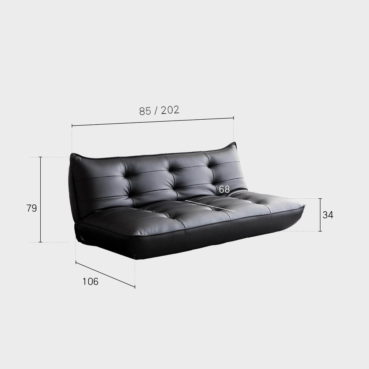 Black retro microfiber leather sofa bed with reclining and armless design for versatile comfort dimensions