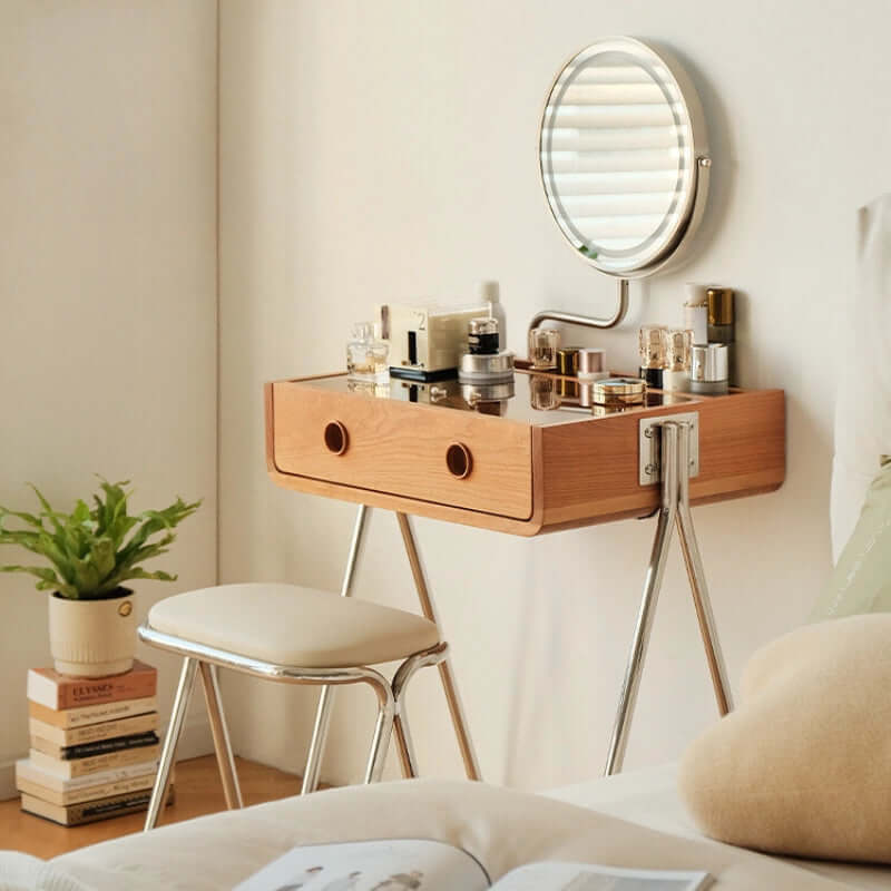 Retro Cherry Wood Vanity With Illuminated Mirror