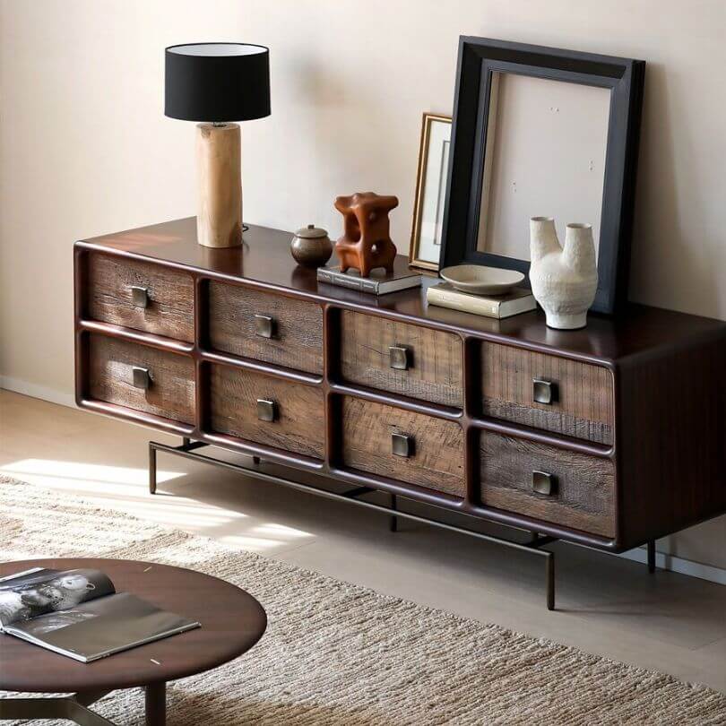 Retro Dark Brown Wooden Buffet Table with 8 Drawers