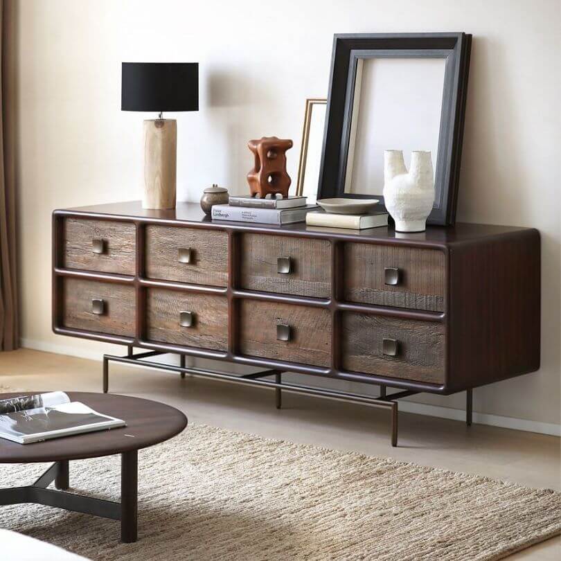 Retro Dark Brown Wooden Buffet Table with 8 Drawers