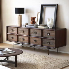 Retro Dark Brown Wooden Buffet Table with 8 Drawers