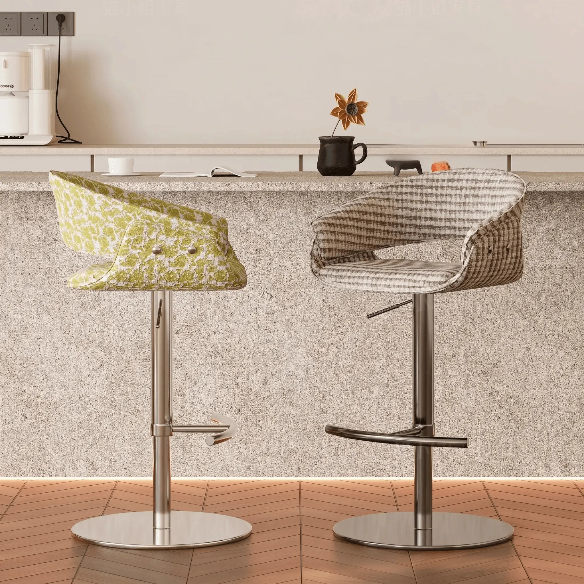 Retro Jacquard Adjustable Swivel Bar Stool With Wrapped Arms