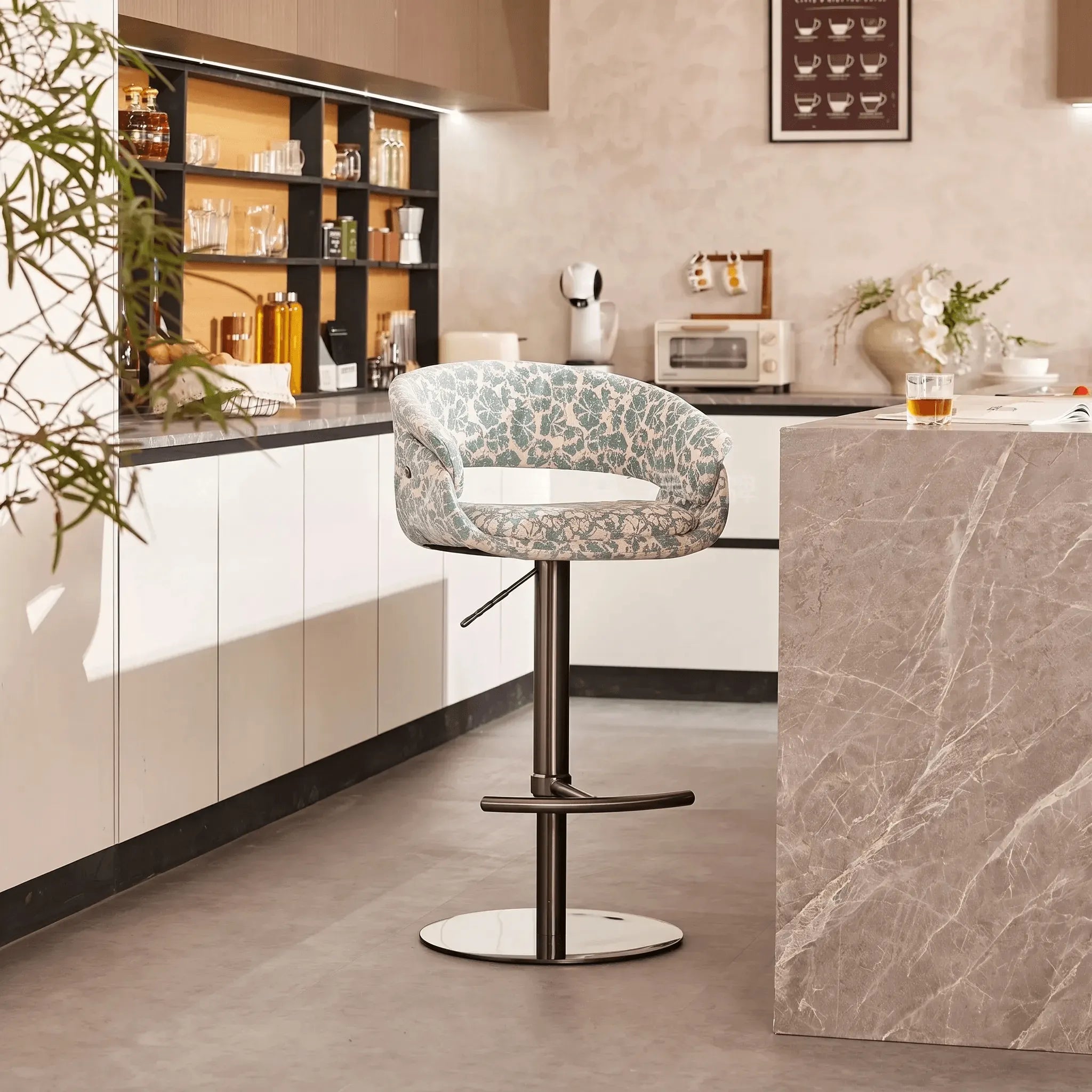Retro Jacquard Adjustable Swivel Bar Stool With Wrapped Arms