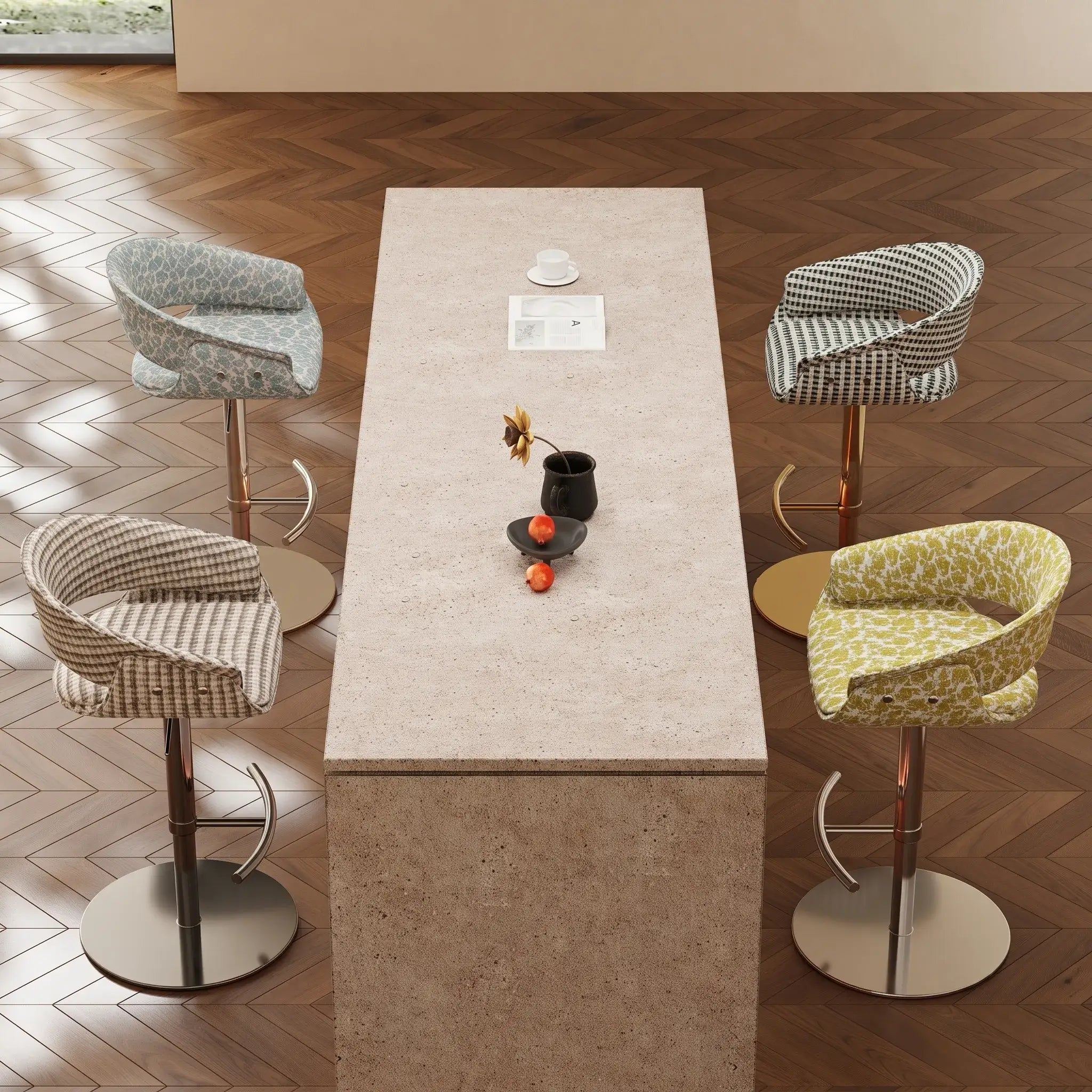 Retro Jacquard Adjustable Swivel Bar Stool With Wrapped Arms