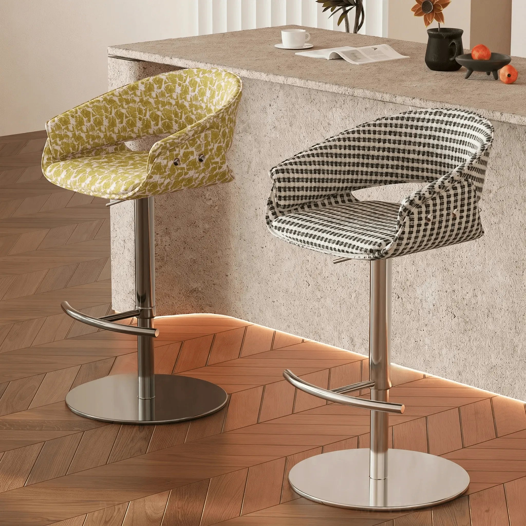 Retro Jacquard Adjustable Swivel Bar Stool With Wrapped Arms