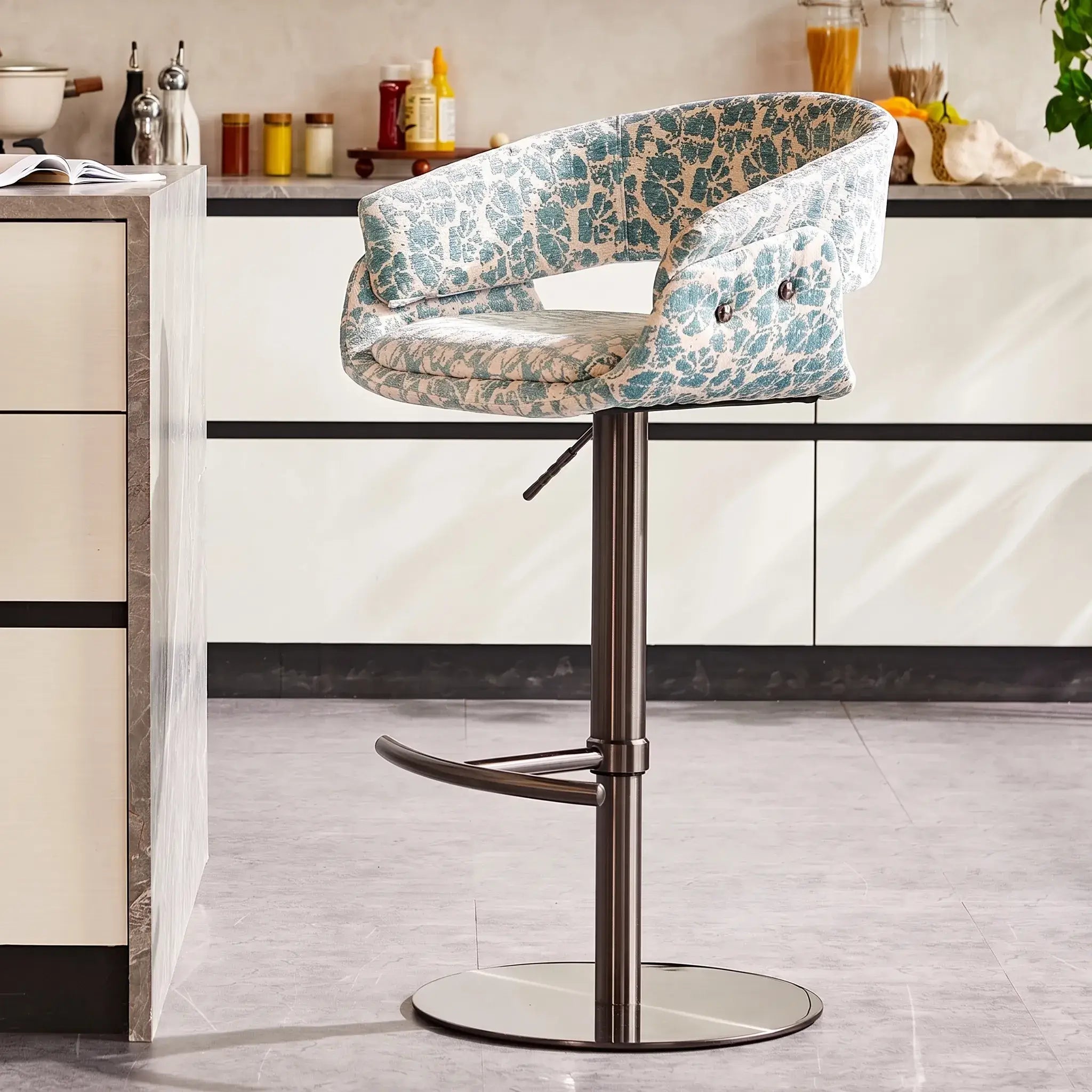 Retro Jacquard Adjustable Swivel Bar Stool With Wrapped Arms