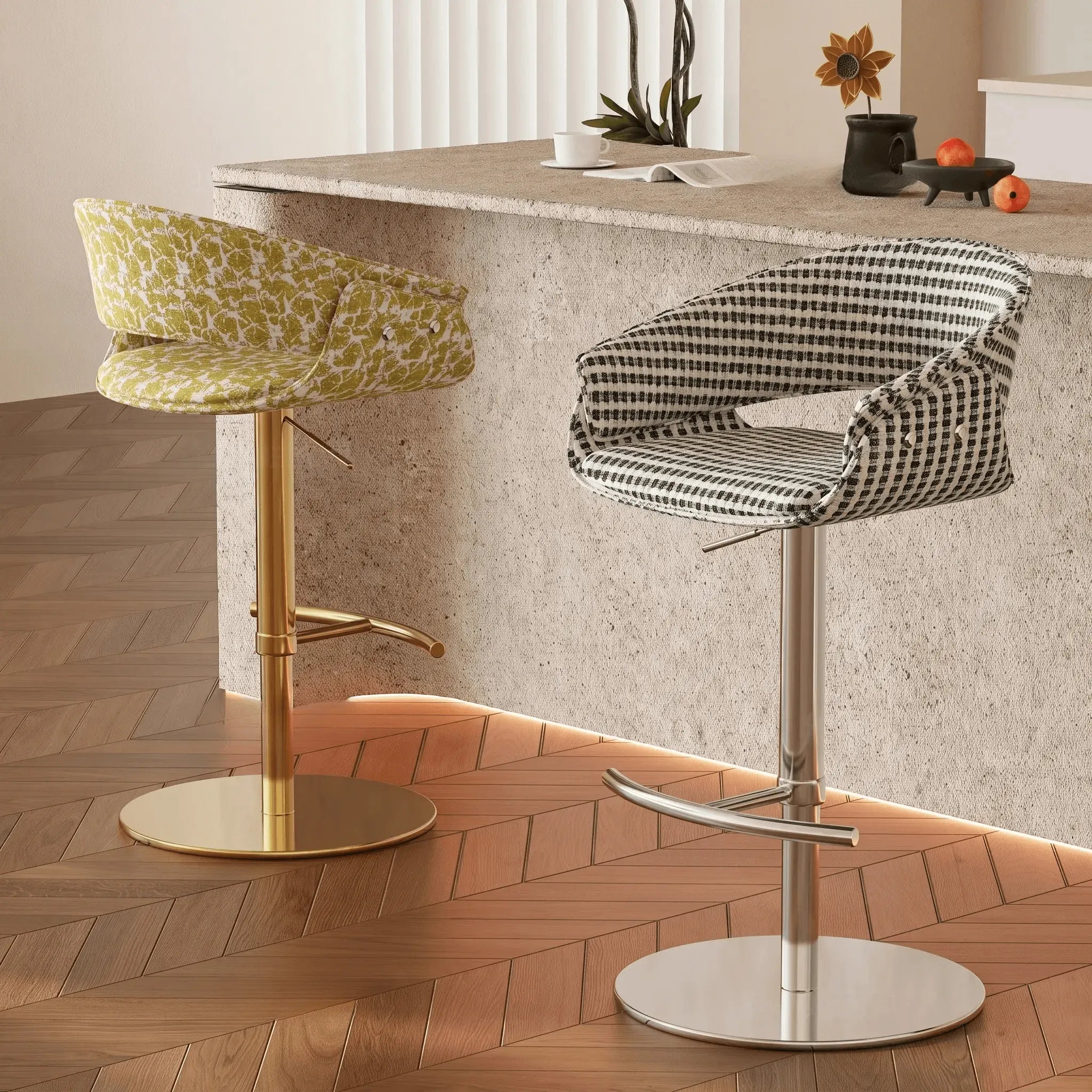 Retro Jacquard Adjustable Swivel Bar Stool With Wrapped Arms Main Product Image Main image