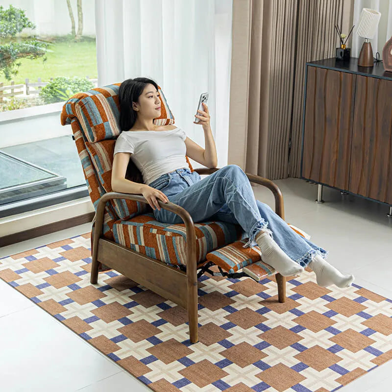 Retro Plaid Chair Recliner With Ash Wood Frame and Quilted Lounge Comfort