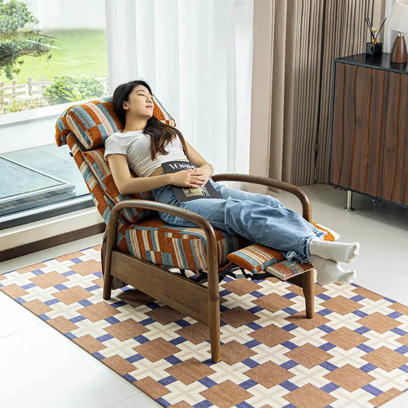 Retro Plaid Chair Recliner With Ash Wood Frame and Quilted Lounge Comfort