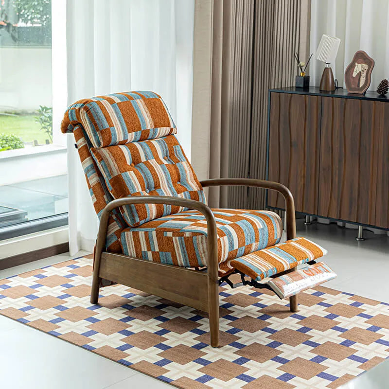 Retro Plaid Chair Recliner With Ash Wood Frame and Quilted Lounge Comfort