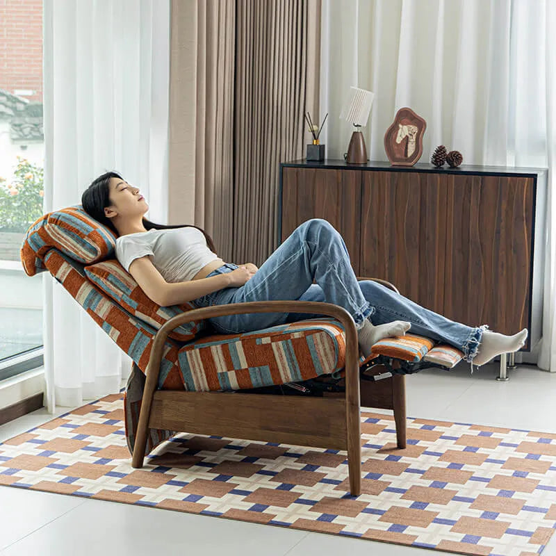Retro Plaid Chair Recliner With Ash Wood Frame and Quilted Lounge Comfort