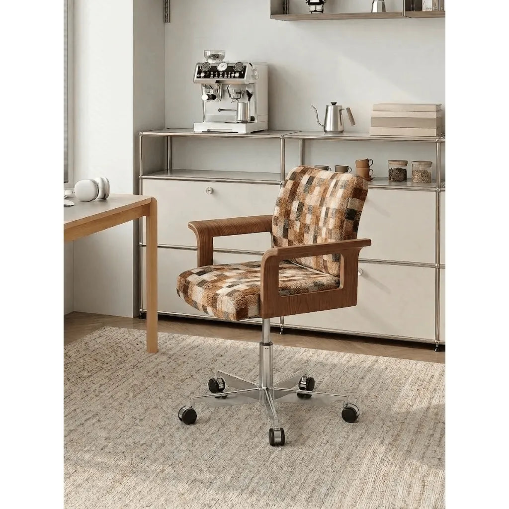 Retro Plaid Office Chair Series with Curved Wood Frame and Swivel Lift Base