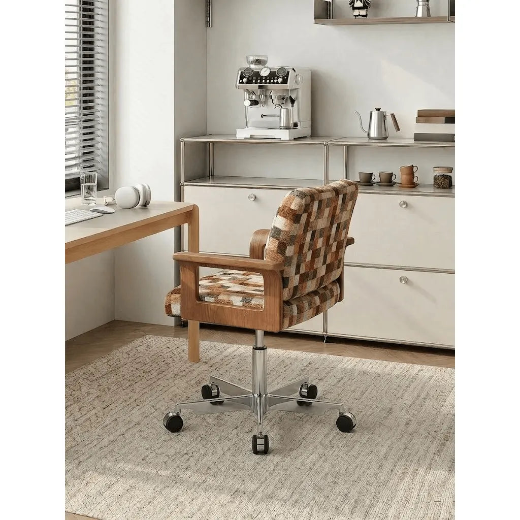 Retro Plaid Office Chair Series with Curved Wood Frame and Swivel Lift Base