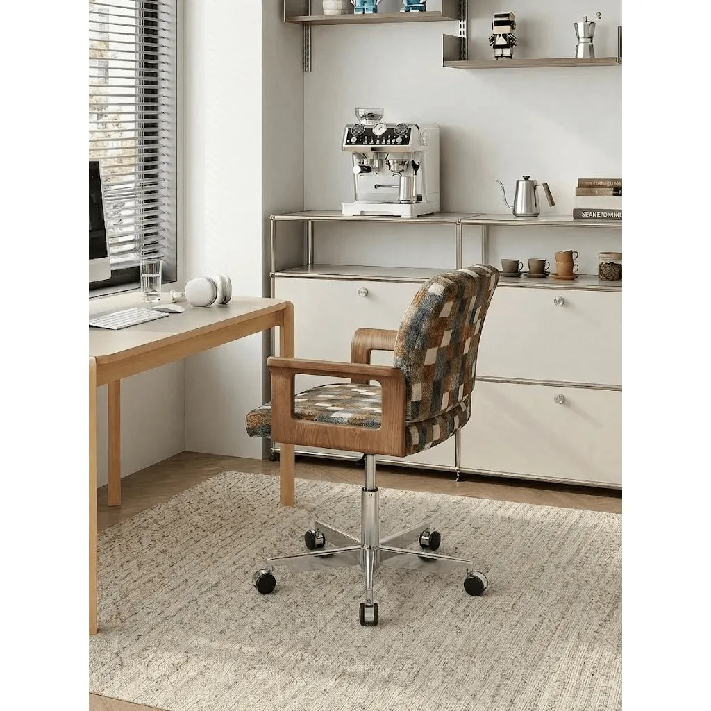 Retro Plaid Office Chair Series with Curved Wood Frame and Swivel Lift Base