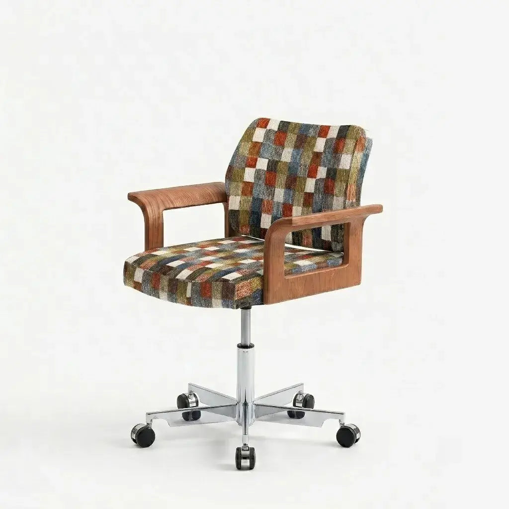 Retro Plaid Office Chair Series with Curved Wood Frame and Swivel Lift Base