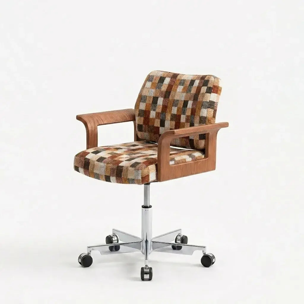 Retro Plaid Office Chair Series with Curved Wood Frame and Swivel Lift Base