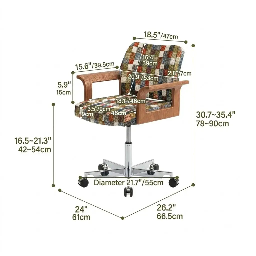 Retro Plaid Office Chair Series with Curved Wood Frame and Swivel Lift Base Dimensions
