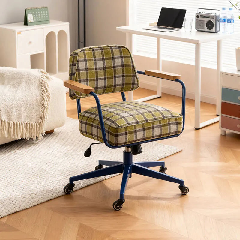 Retro Plaid Office Chair Series with Wood Armrests, Swivel Lift Base