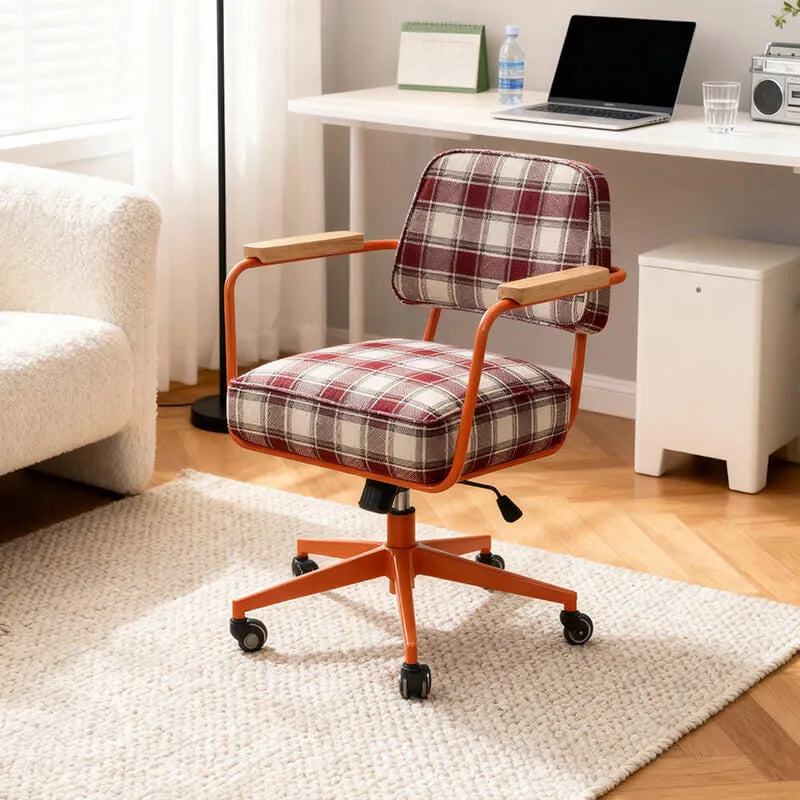 Retro Plaid Office Chair Series with Wood Armrests, Swivel Lift Base