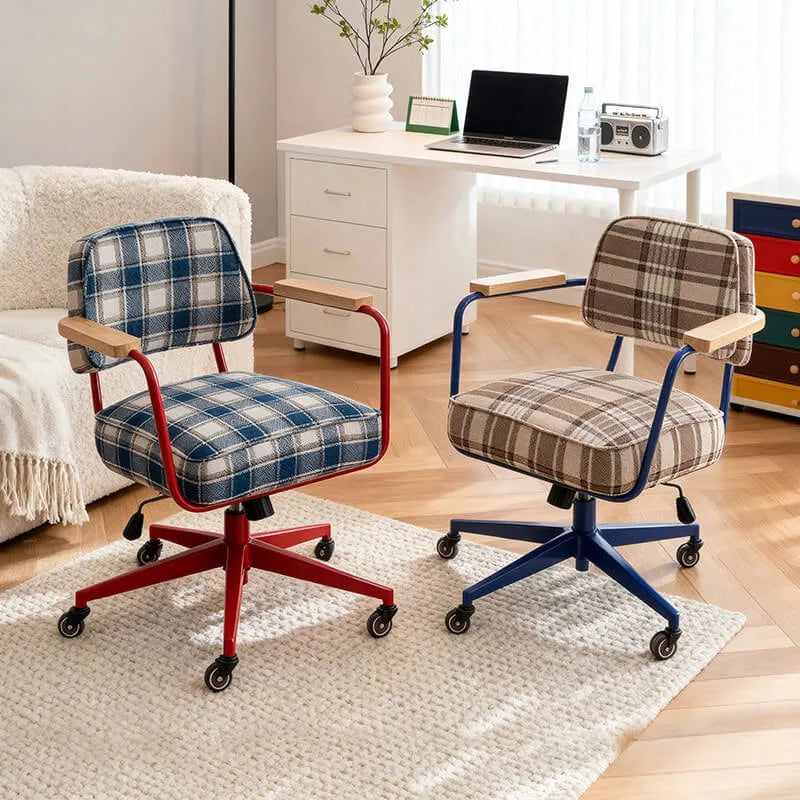 Retro Plaid Office Chair Series with Wood Armrests, Swivel Lift Base