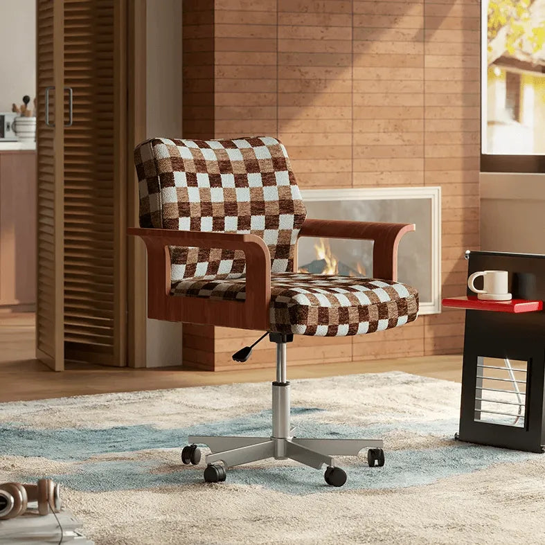 Retro Plaid Office Chair Series with Wood Arms, Swivel Base and Plush Comfort Main Product Image