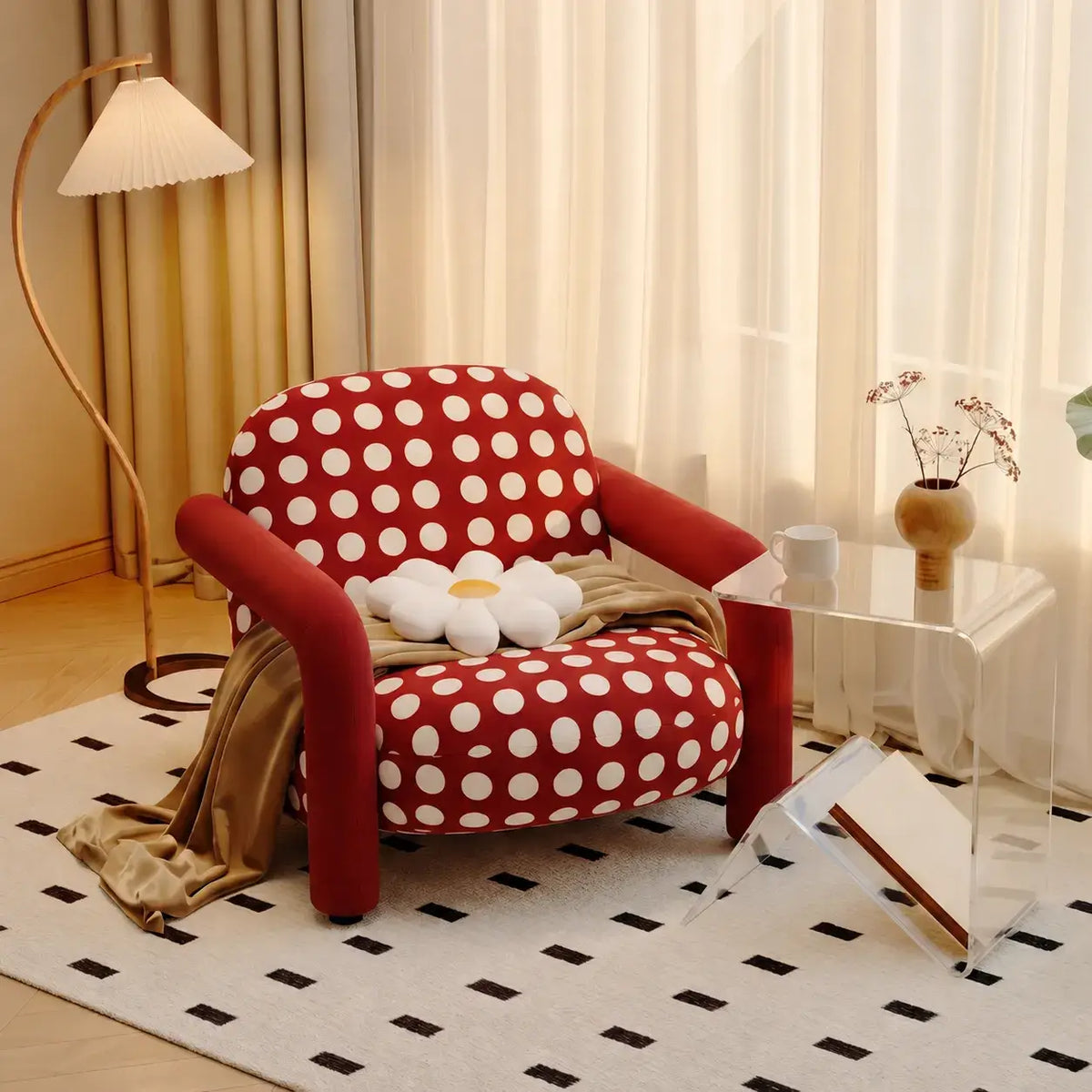 Retro Red Polka Dot Accent Chair With Curved Arms and Plush Back