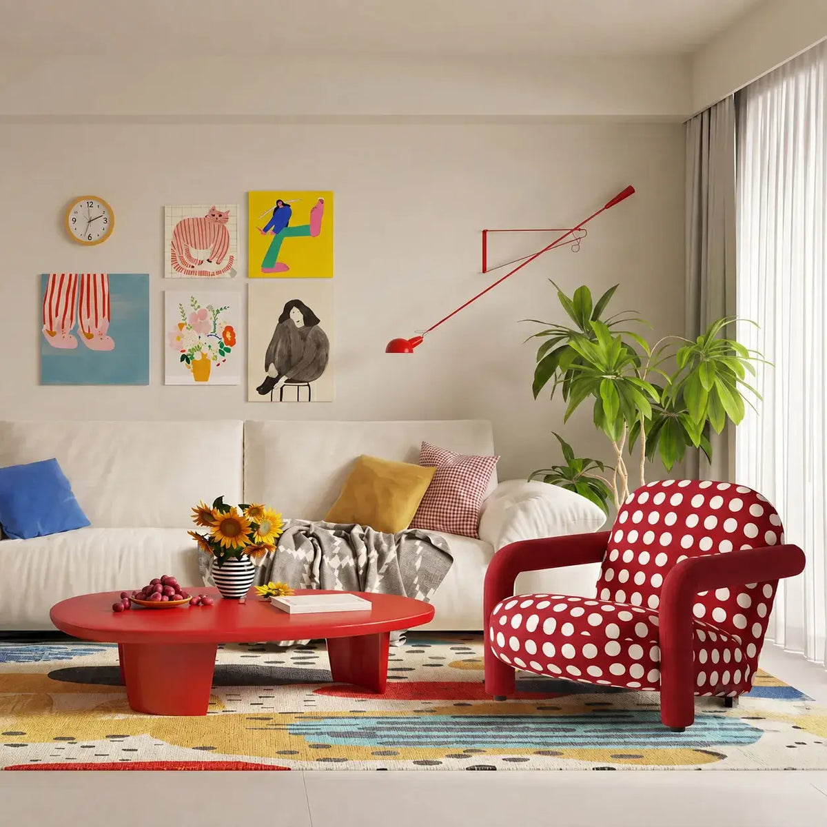 Retro Red Polka Dot Accent Chair With Curved Arms and Plush Back
