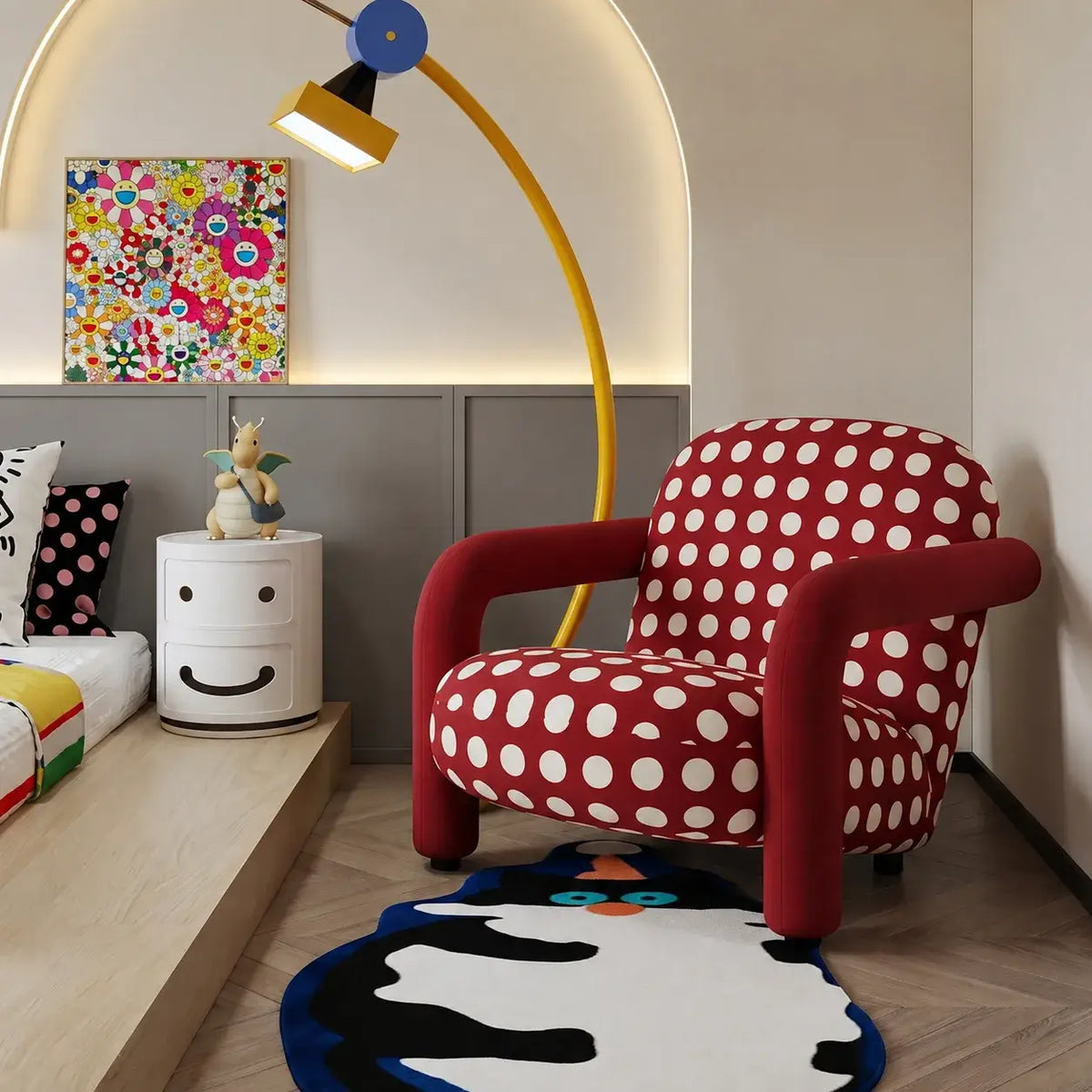 Retro Red Polka Dot Accent Chair With Curved Arms and Plush Back