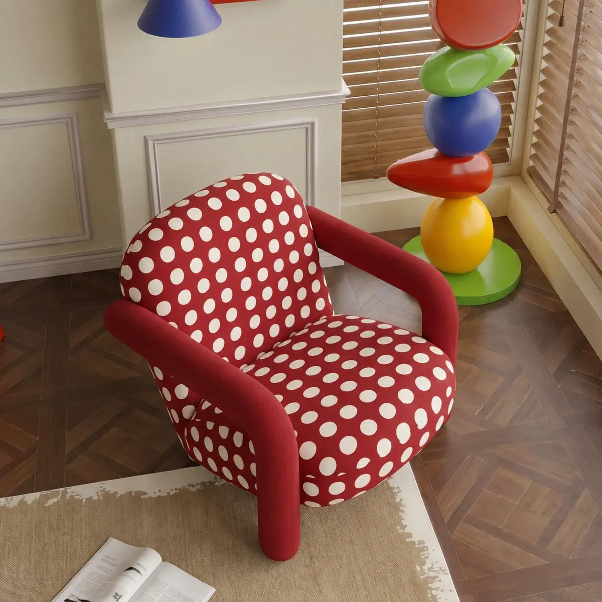 Retro Red Polka Dot Accent Chair With Curved Arms and Plush Back